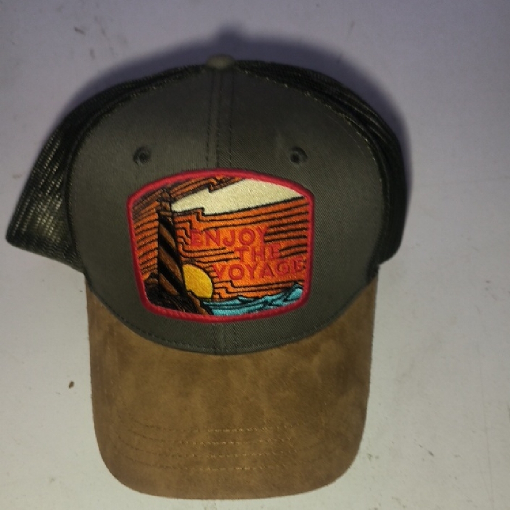Gray and Brown Cap with Patch Enjoy The Voyage